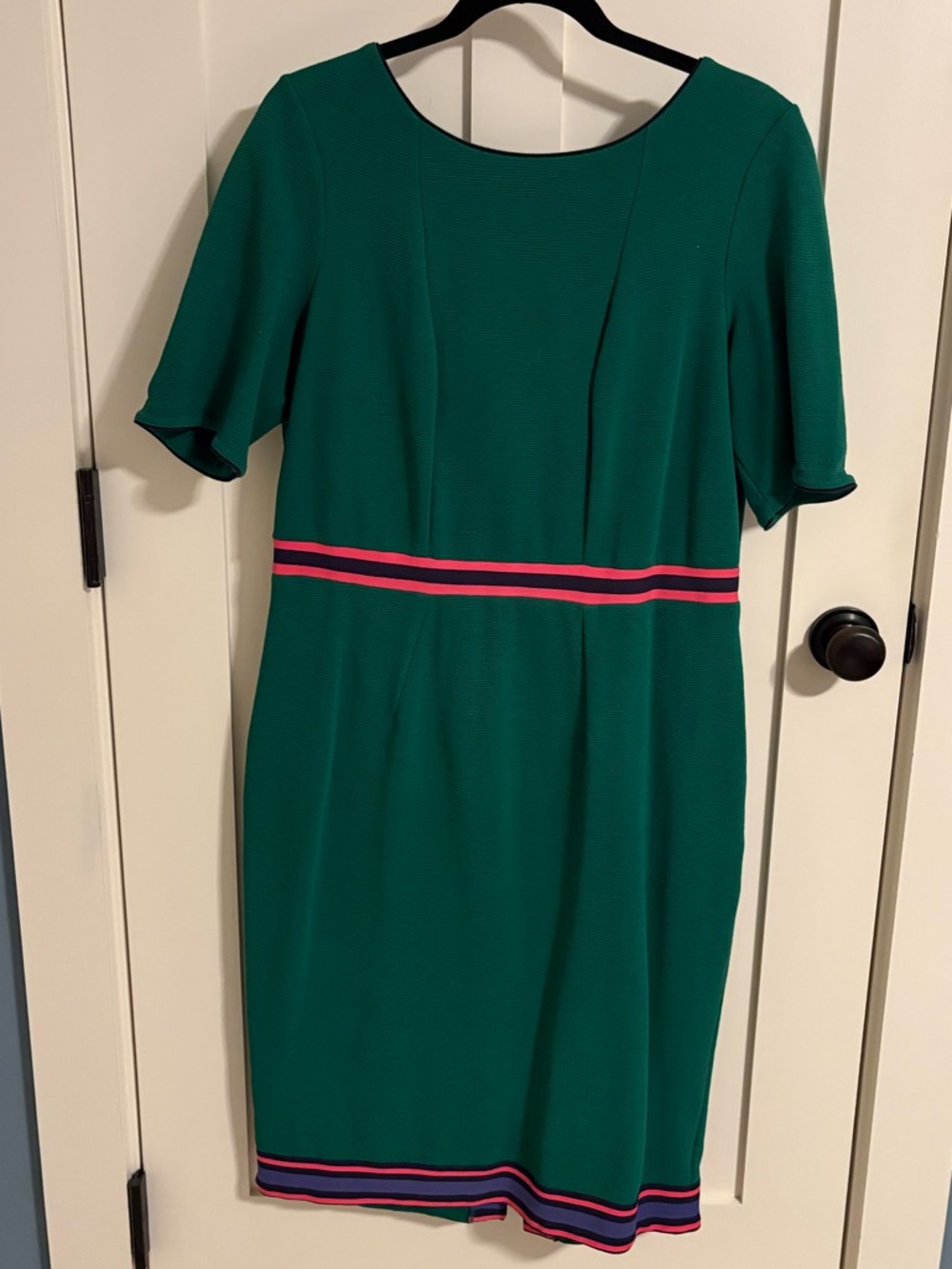 Boden Green Midi Dress with Pink Stripe Accents